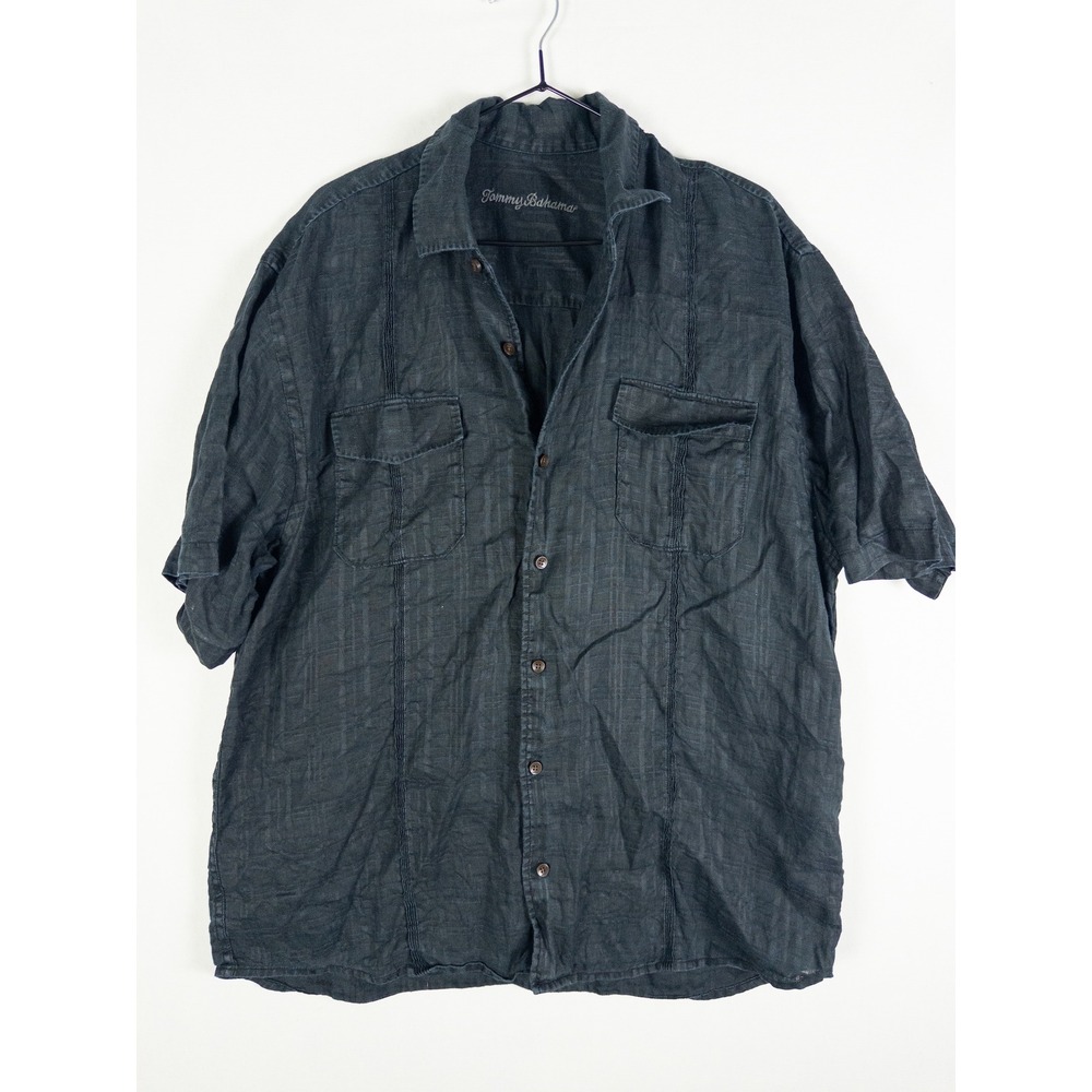 Tommy Bahama Linen Button Up Shirt Mens L Dark Navy Jacquard Coastal Resort